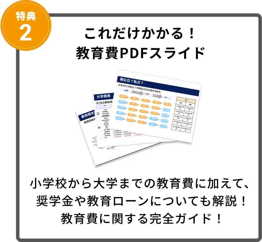 これだけかかる！
教育費PDFスライド
小学校から大学までの教育費に加えて、
奨学金や教育ローンについても解説！
教育費に関する完全ガイド！